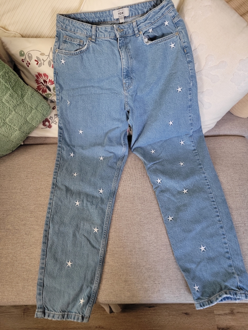New Look Light Blue Star Embroidered Boyfriend Jeans UK Size 16